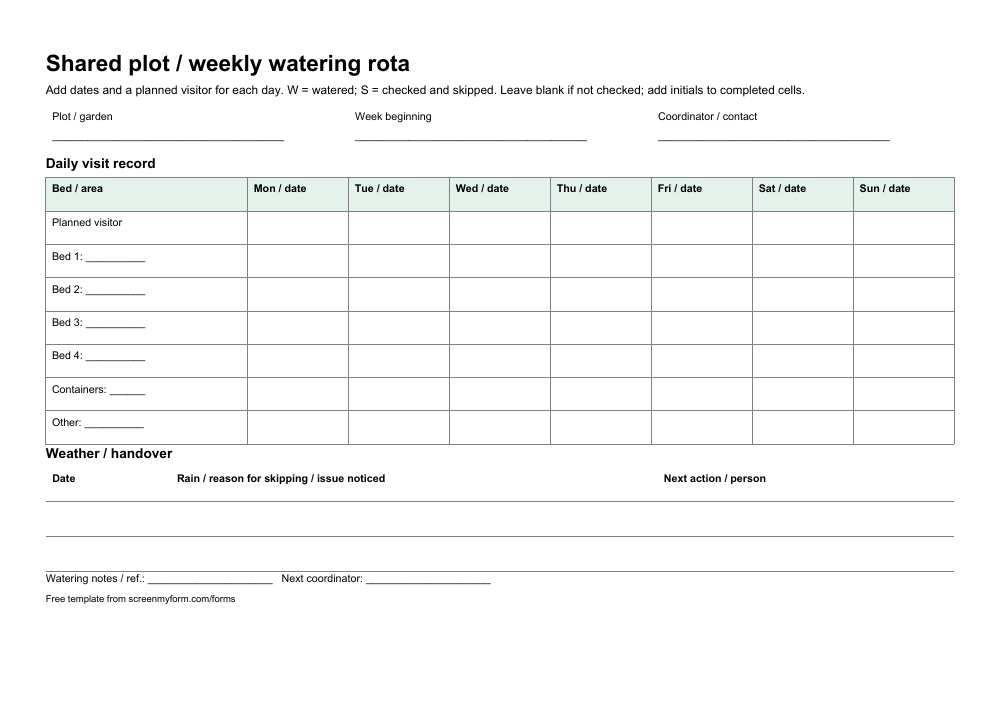 Allotment watering rota preview. A landscape seven-day bed matrix with named visitors, a clear completion key and handover notes.