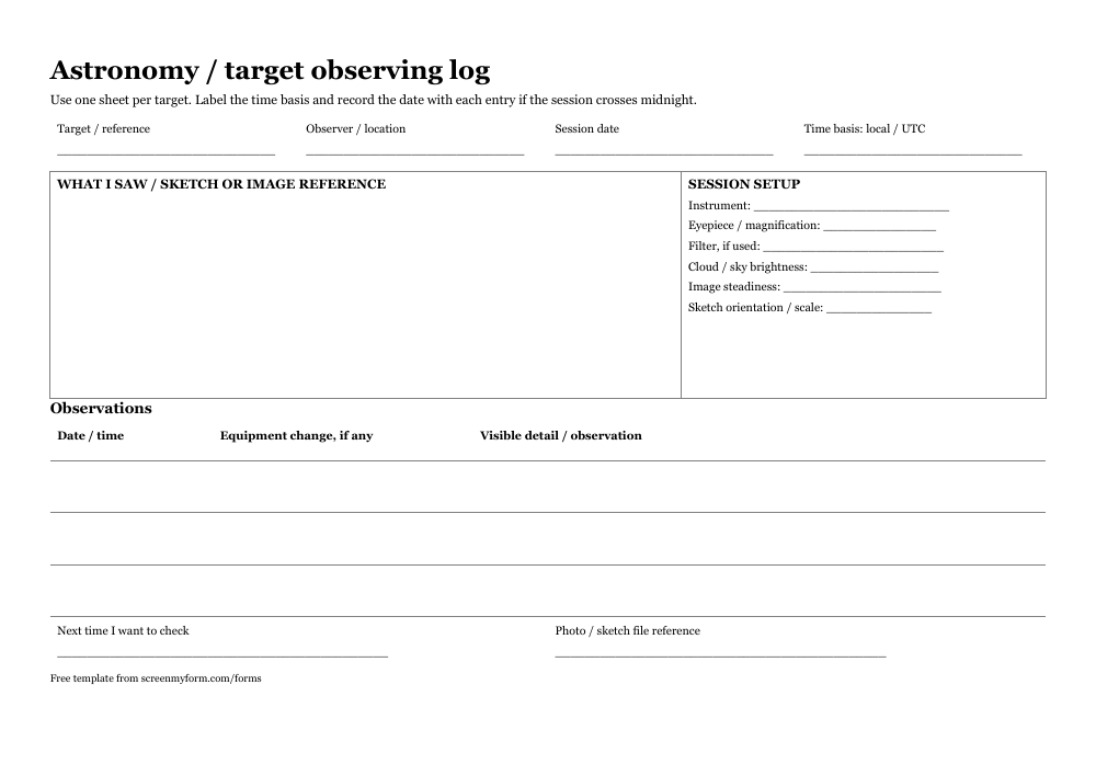 Astronomy observing log preview. A landscape target record with a large observation sketch, equipment panel and timed notes.