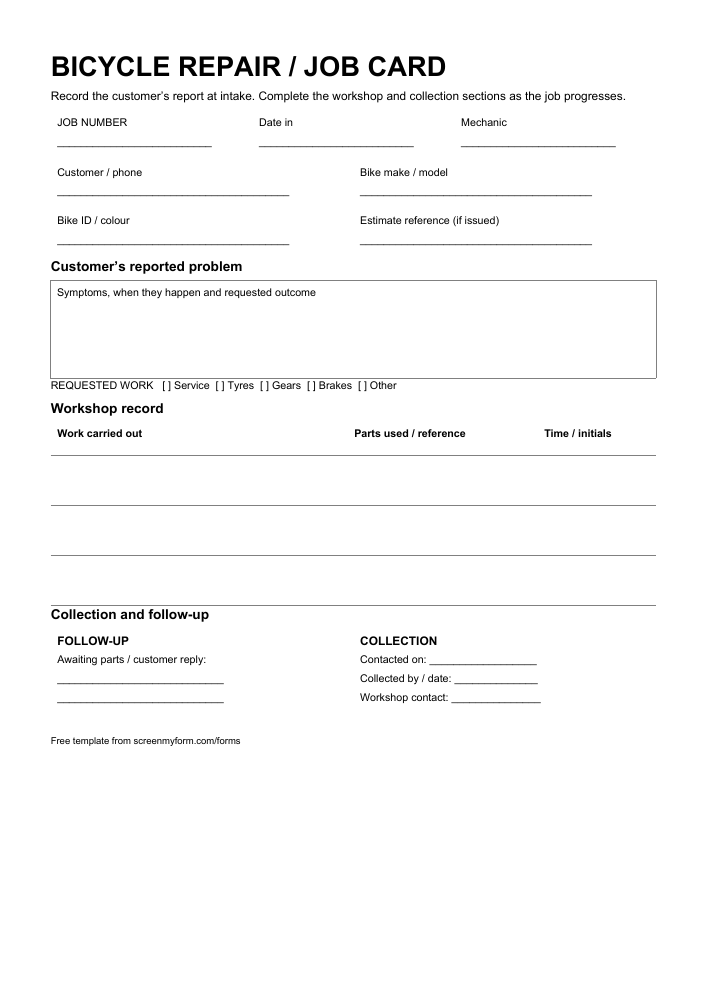 Bicycle repair job card preview. A workshop ticket with a job-reference strip, large reported-problem box, work-and-parts table and collection panel.