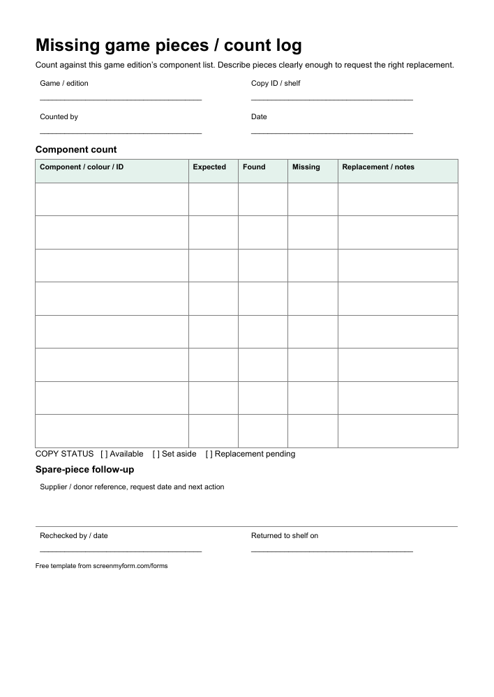 Board game cafe missing pieces log preview. A component-count ledger with expected, found and missing quantities, plus replacement and shelf-status notes.