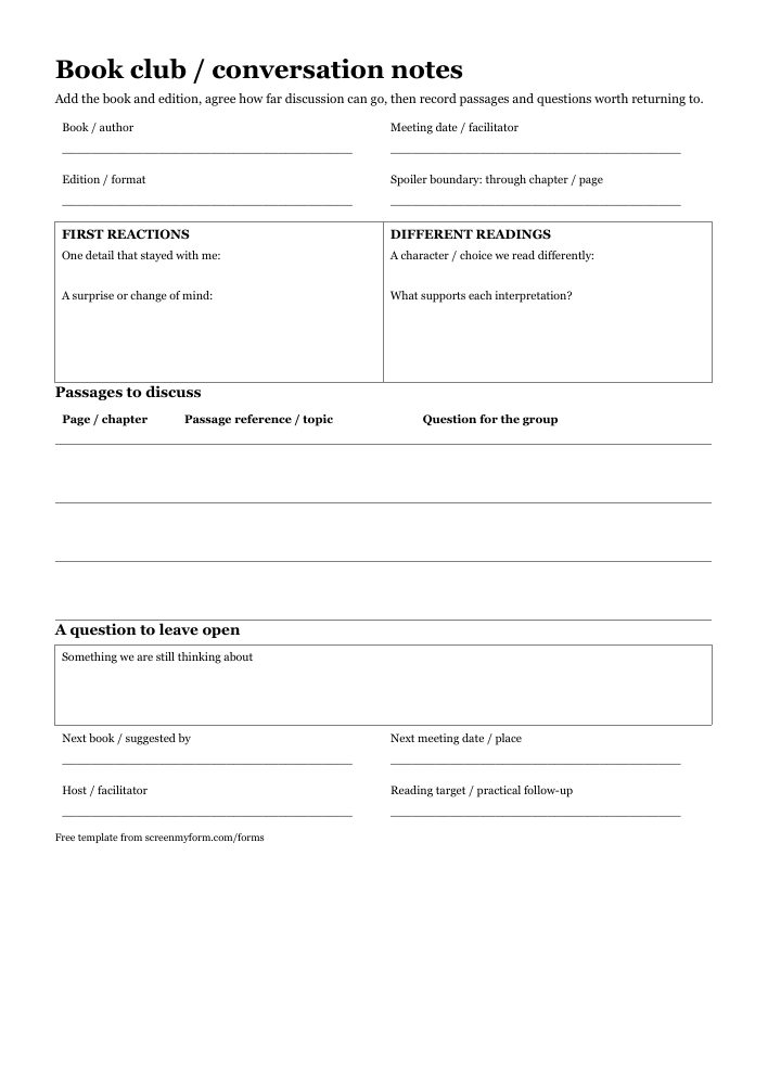 Book club discussion sheet preview. A portrait reading-group sheet with opening-reaction and interpretation panels, a passage ledger and next-meeting details.