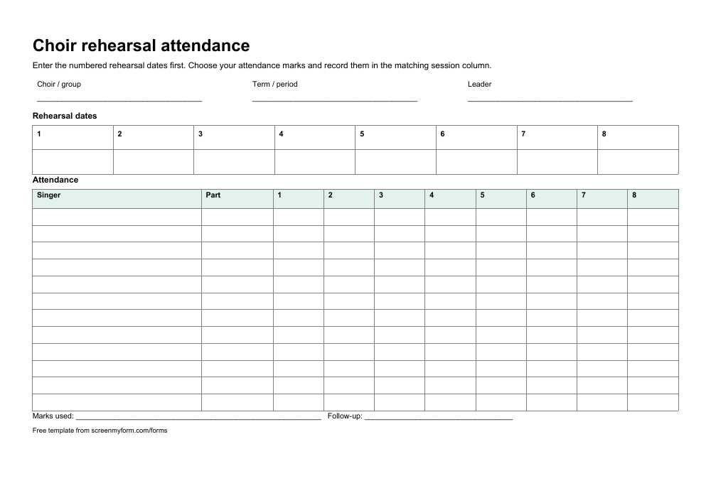 Choir rehearsal attendance register preview. A landscape attendance matrix for twelve singers and eight sessions, with a numbered rehearsal-date key.