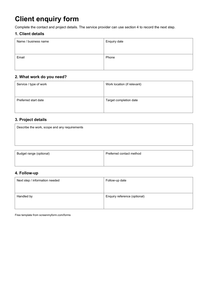 Client enquiry form preview. Blank fields for client contact details, the requested service, project requirements and follow-up arrangements.