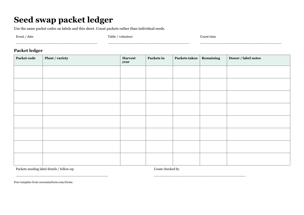 Community seed swap inventory sheet preview. A wide stock ledger with eight variety rows and packet movement columns, followed by a table-handover note.