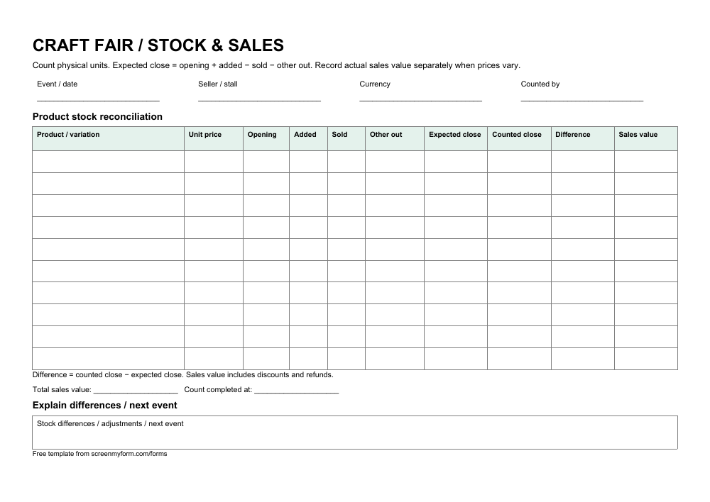 Craft fair stock and sales sheet preview. A landscape stock ledger with ten product rows, an explicit stock reconciliation rule and sales summary.