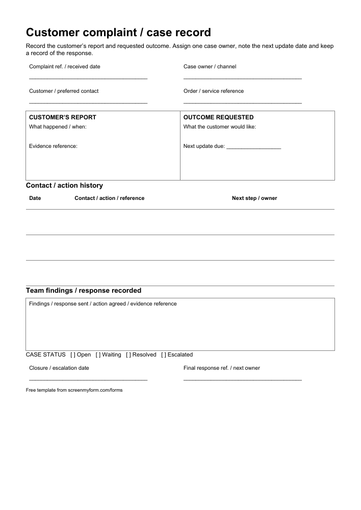 Customer complaint record preview. A portrait case sheet with customer and case details, separate reported-issue and requested-outcome panels, contact history and resolution notes.