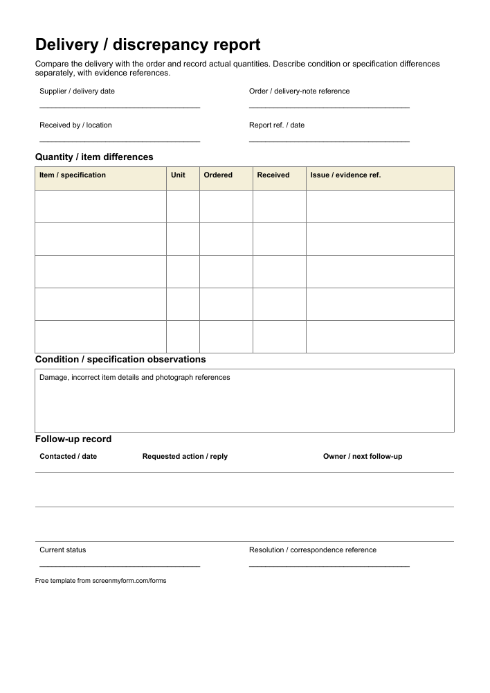 Delivery discrepancy report preview. A portrait delivery record with five comparison rows, a condition and evidence box, and a follow-up contact log.