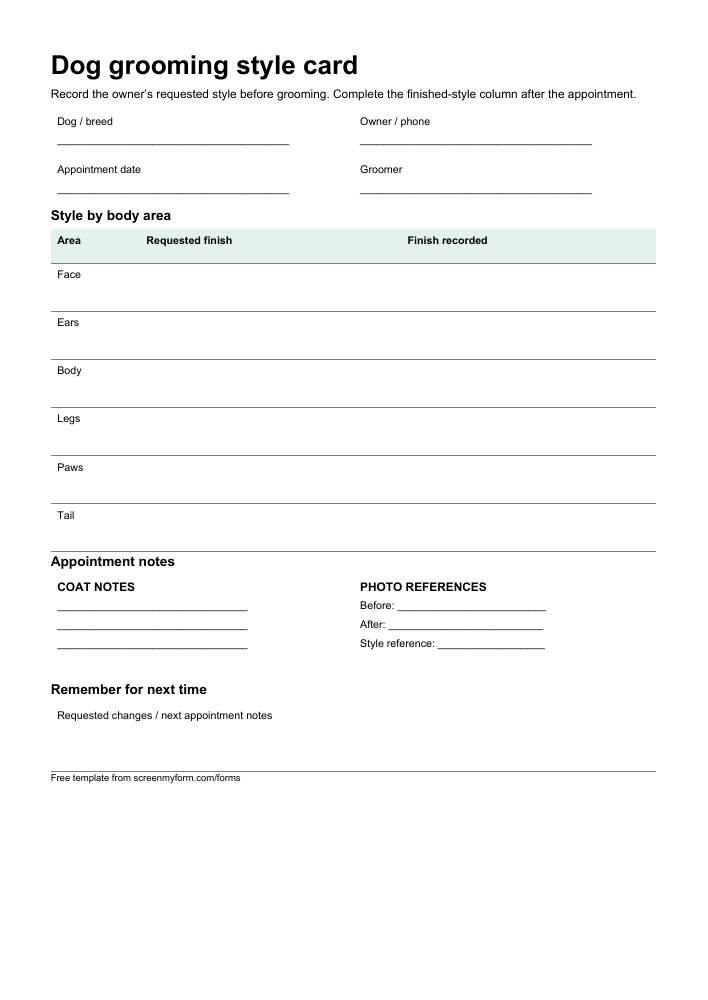 Dog groomer styling record preview. A pet styling card with a body-area finish table, before-and-after photo references and a compact next-visit note.