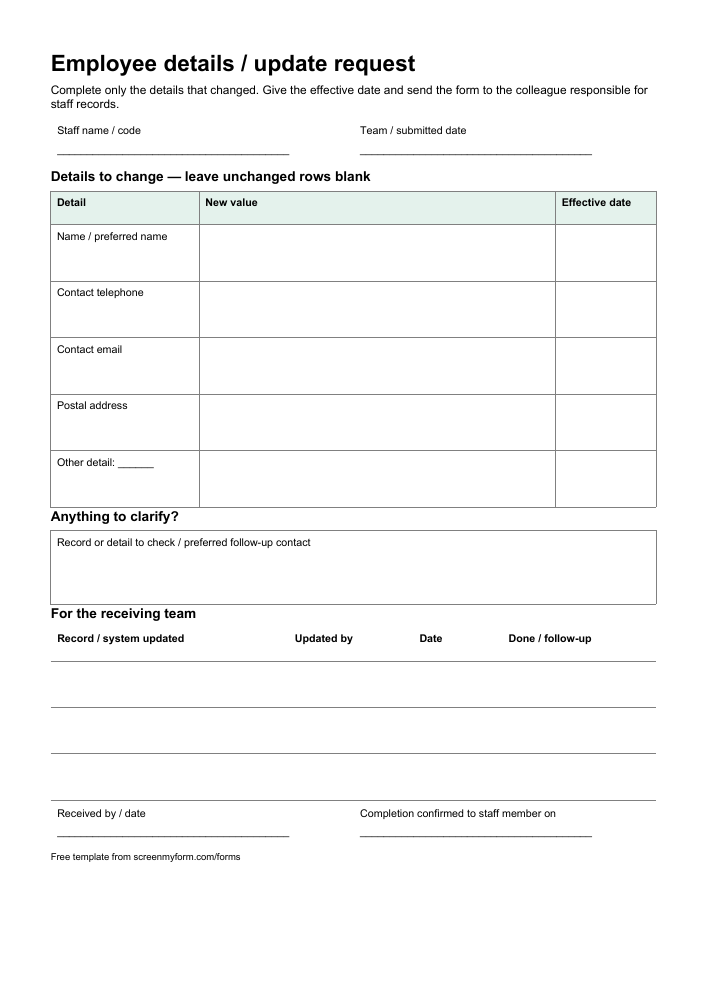 Employee details update form preview. A portrait update sheet with five changed-detail rows and a separate records-updated checklist.