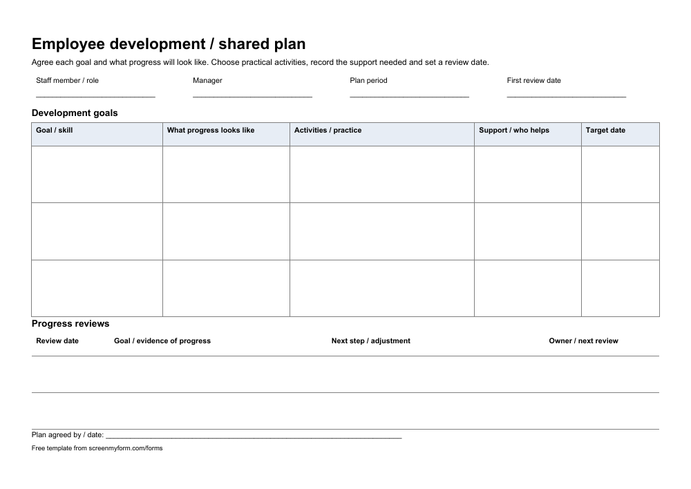 Employee development plan preview. A landscape three-goal plan with success evidence, activities, support, target dates and progress-review rows.