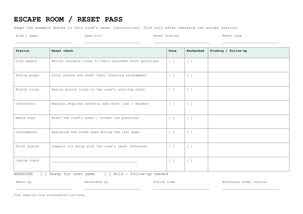 Escape room reset checklist preview. A landscape checklist with reset and recheck boxes for each station, plus a handover status strip.