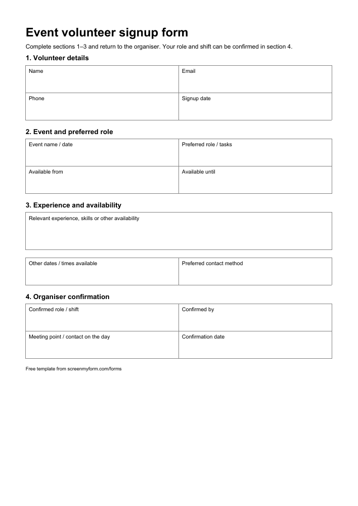 Event volunteer signup form preview. Blank fields for volunteer contact, event details, preferred tasks, availability and confirmed role.