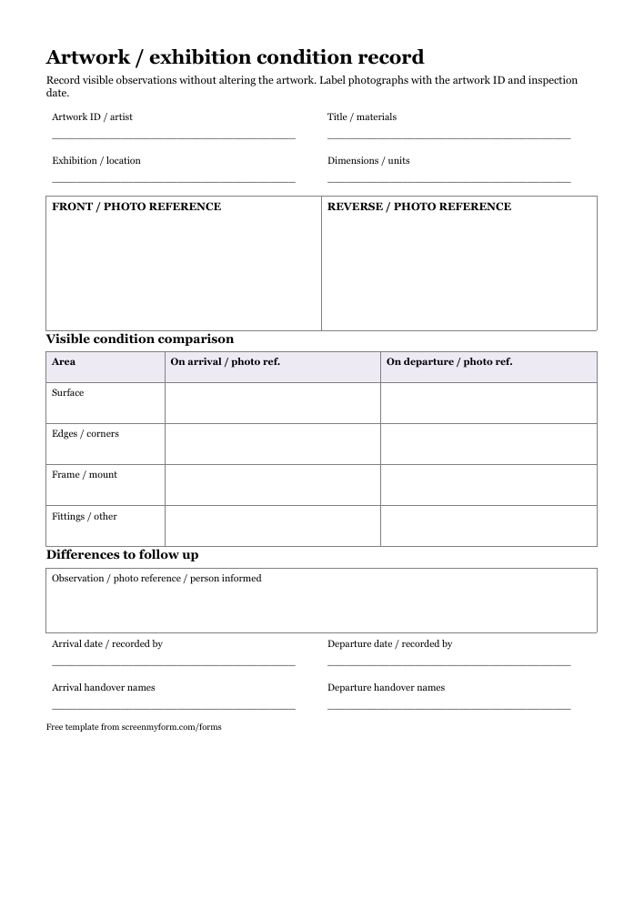 Exhibition artwork condition record preview. A portrait artwork record with front and reverse diagram panels, arrival/departure comparisons and handover details.