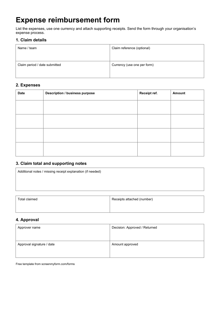 Expense reimbursement form preview. Blank fields for claimant details, expense dates and descriptions, receipt references, amounts, total and approval.