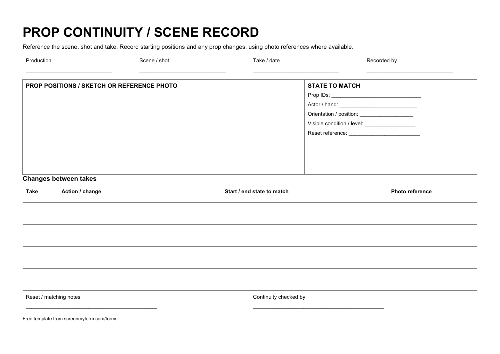 Film prop continuity record preview. A landscape continuity sheet with a large sketch panel, prop-state notes and a take-by-take change log.