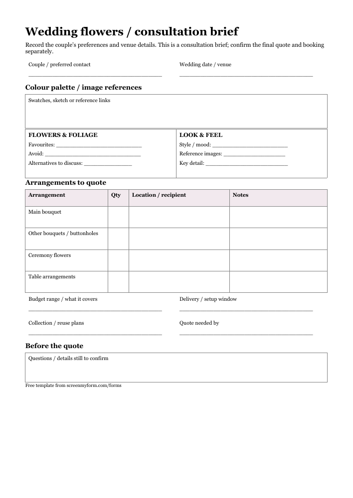 Florist wedding consultation sheet preview. A portrait brief with a colour palette strip, two preference panels and a flower arrangement schedule.