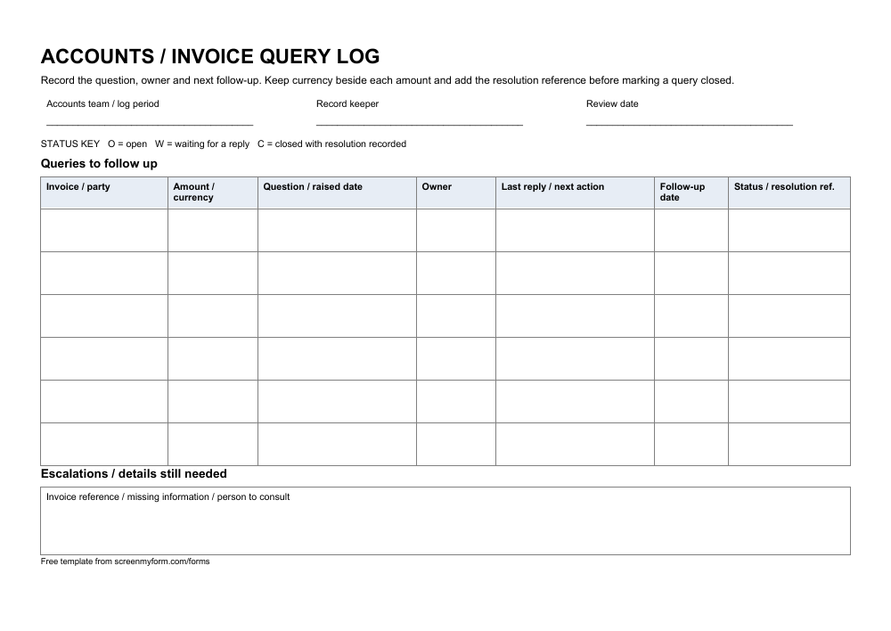 Invoice query log preview. A landscape six-query tracker with invoice identity, amounts and currency, owners, follow-ups and resolution references.
