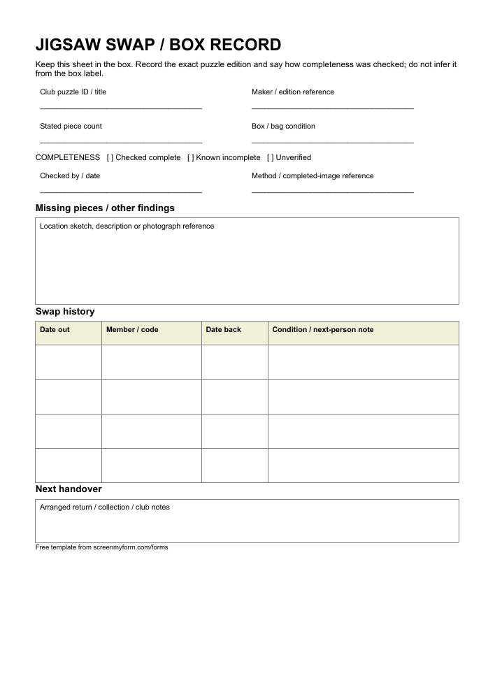 Jigsaw puzzle swap record preview. A portrait box insert with puzzle identity, completeness choices, missing-piece sketch space and a swap ledger.