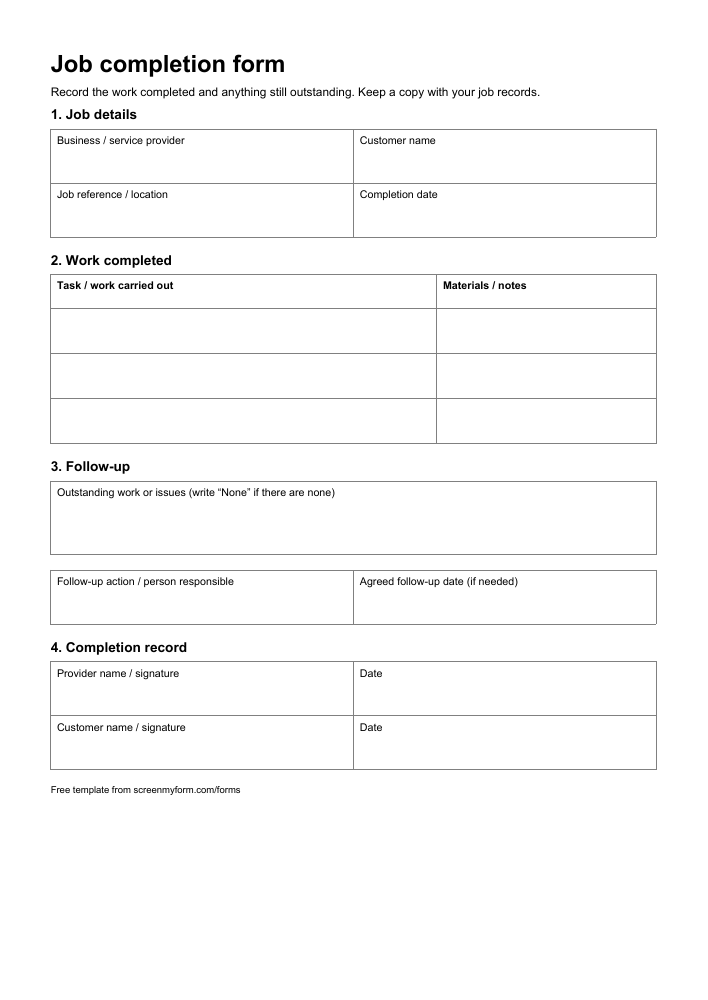 Job completion form preview. Blank sections for job details, completed work, follow-up tasks and provider and customer acknowledgement.