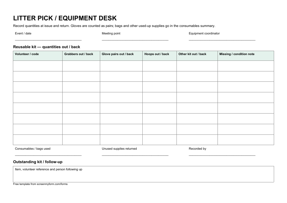 Litter pick equipment register preview. A landscape eight-volunteer issue and return matrix, consumables summary and missing-kit handover box.