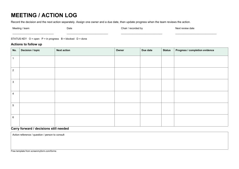 Meeting action log preview. A landscape numbered action table with decision references, owners, due dates and completion evidence.
