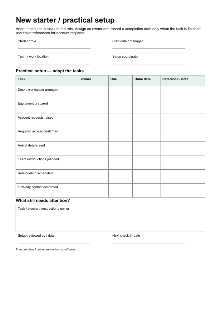 New starter setup checklist preview. A portrait first-day checklist with task owners, due dates, completion dates and a blocked-task follow-up box.