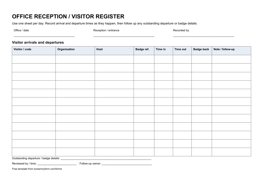 Office visitor register preview. A landscape twelve-visitor daily register with host, badge, arrival and departure fields and end-of-day follow-up.