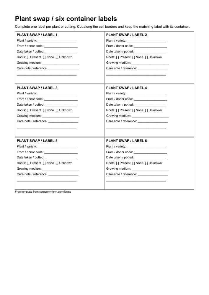 Plant swap label sheet preview. Six bordered portrait labels arranged in two columns and three rows, ready to cut apart.
