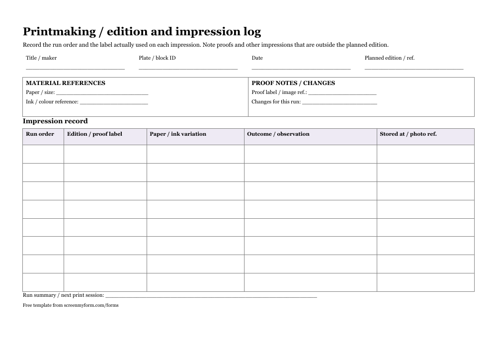 Printmaking edition record preview. A landscape print-run sheet with shared material references, proof notes and an eight-row impression ledger.