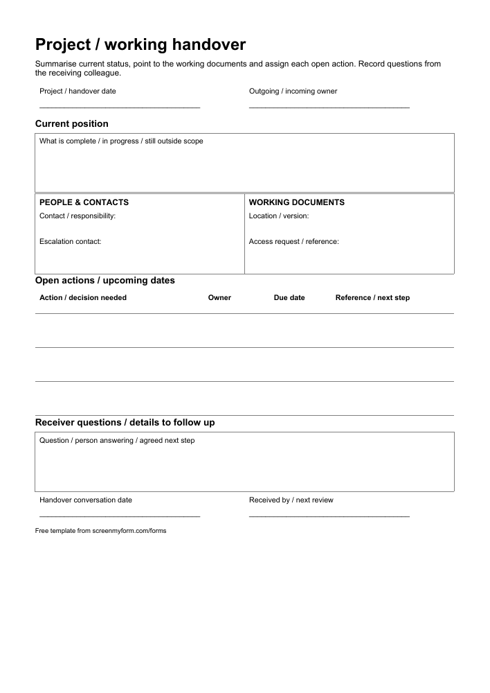 Project handover record preview. A portrait handover page with current status, contact and document panels, open actions and receiver questions.