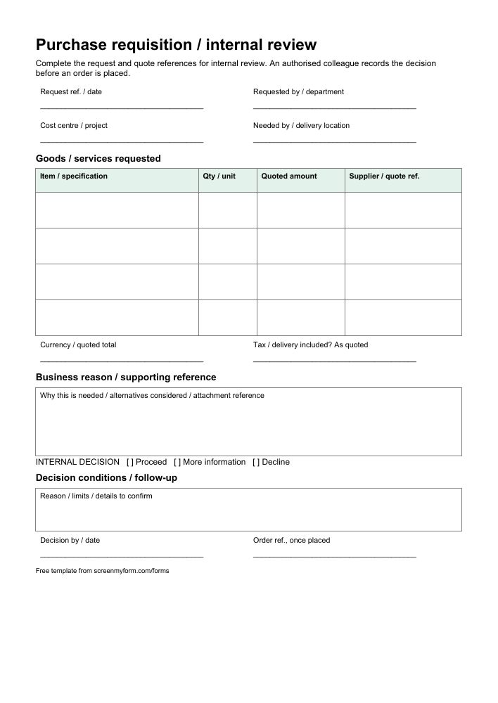Purchase requisition form preview. A portrait purchasing request with four item rows, a business-reason box and a separate decision section.