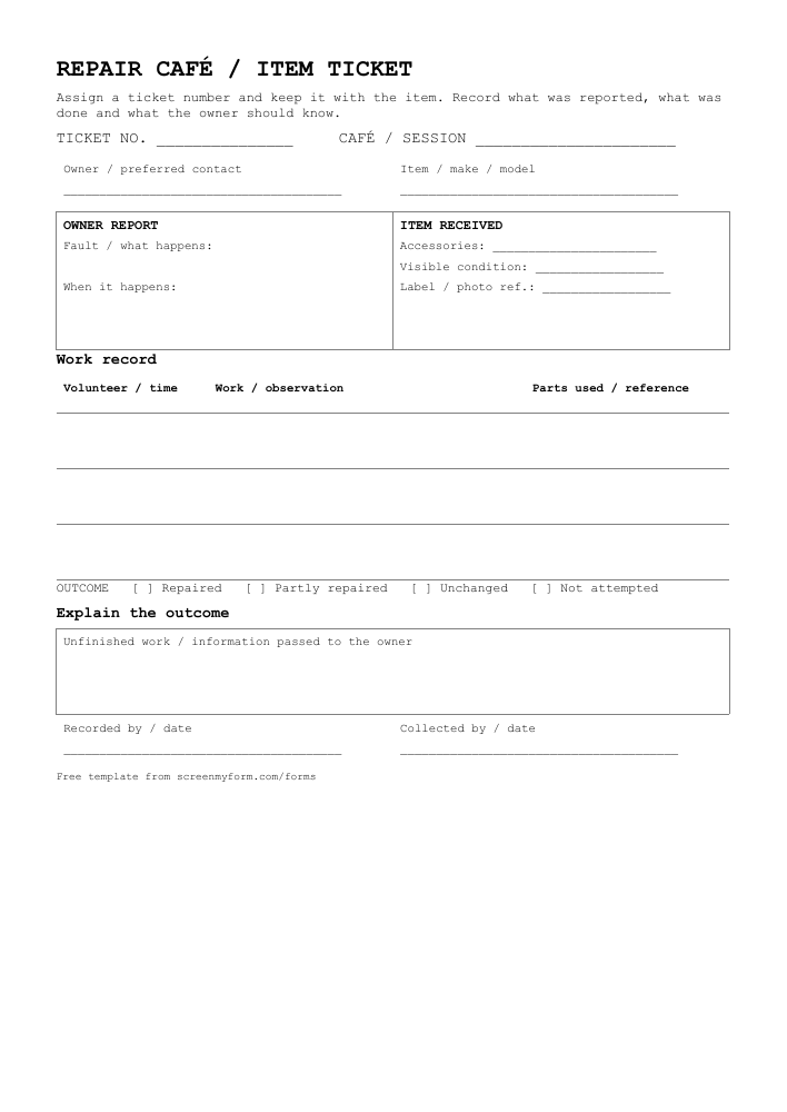 Repair cafe intake ticket preview. A numbered portrait job ticket with two intake panels, a work log and an outcome strip.
