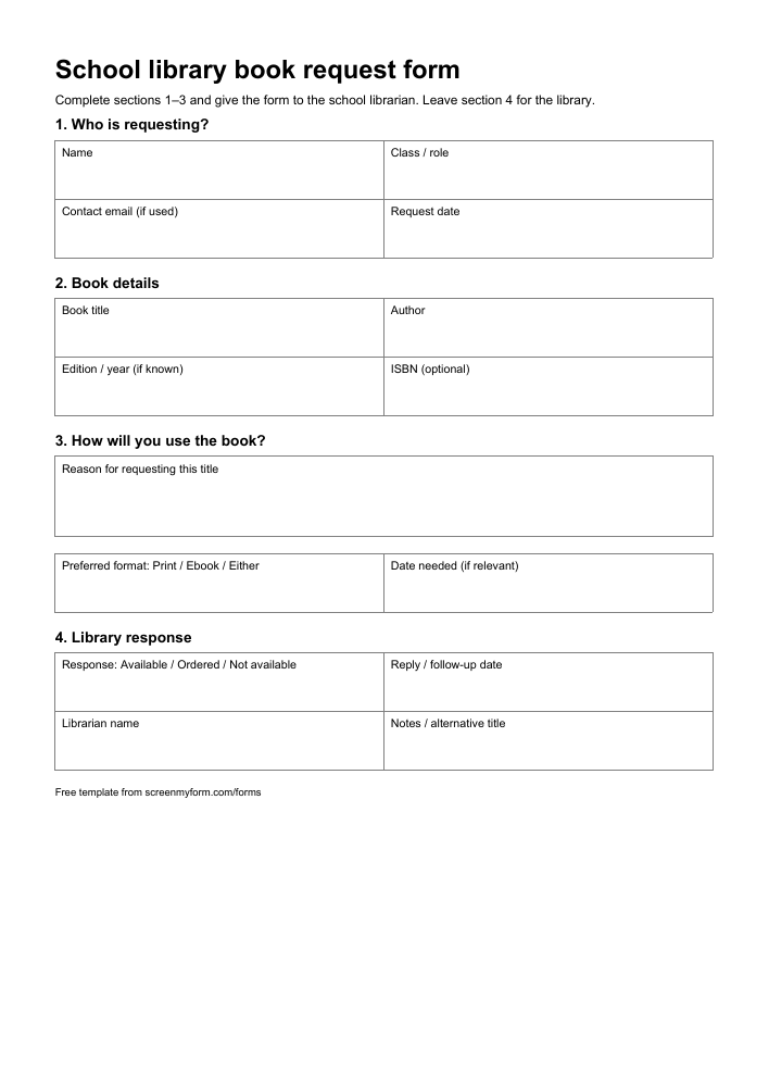 School library book request form preview. Blank fields for the requester, book title and author, reason for requesting and librarian response.