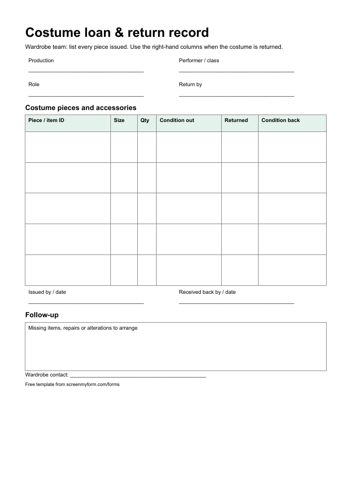 School theatre costume loan form preview. A wardrobe loan slip with performer details, a five-item issue-and-return ledger and space for missing pieces or repairs.