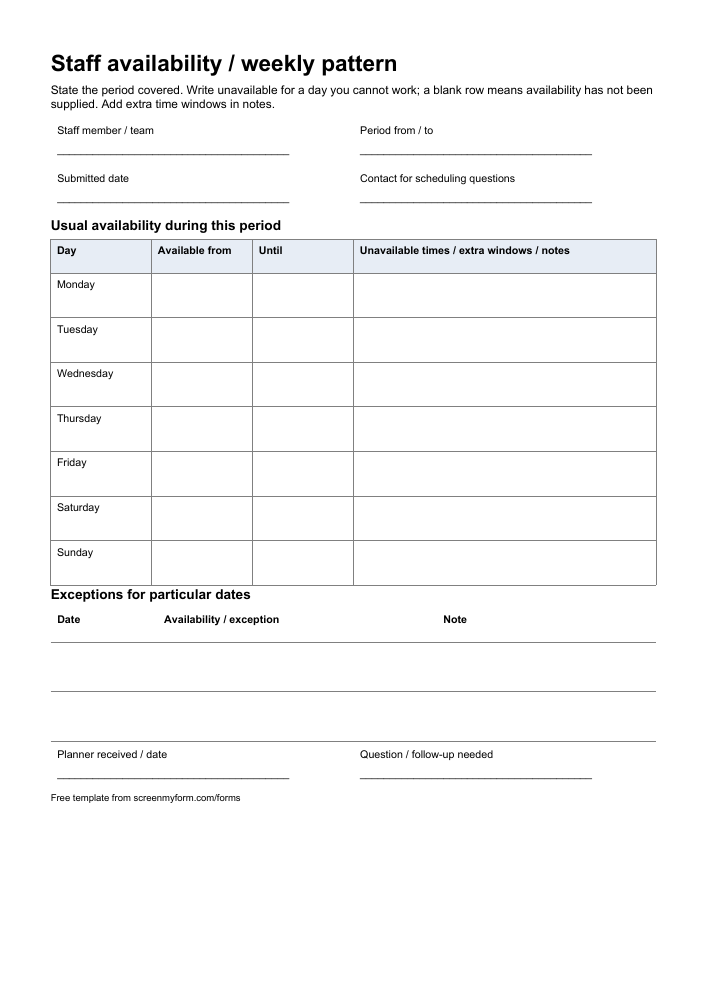 Staff availability sheet preview. A portrait seven-day availability table with an explicit blank-cell key, exceptions and planner follow-up.