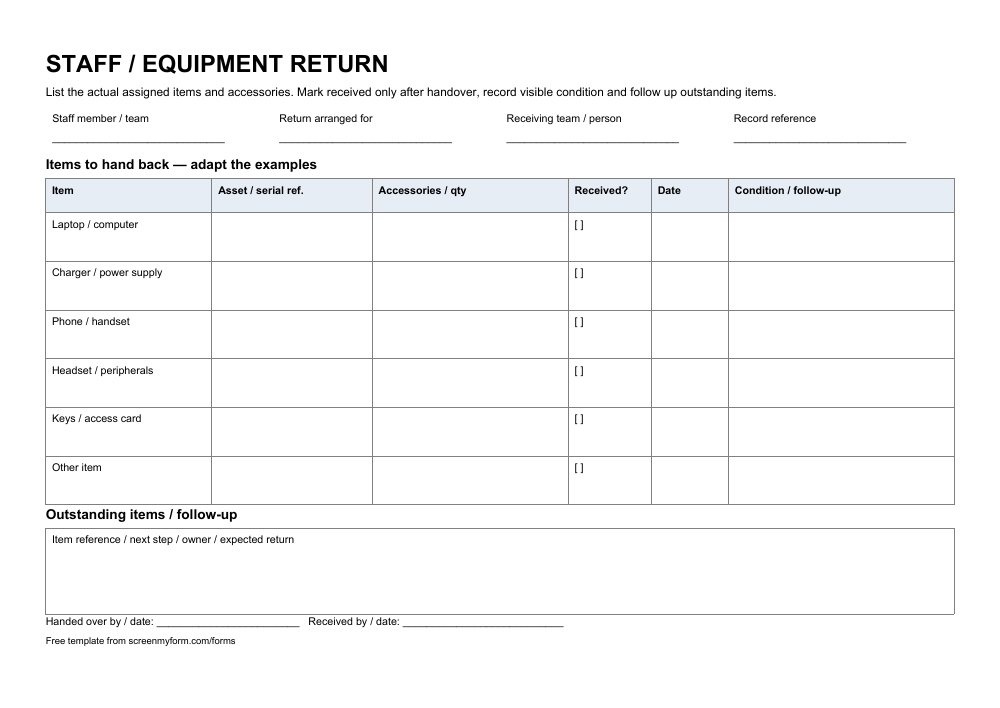 Staff equipment return checklist preview. A landscape six-item return checklist with asset and accessory references, received dates, condition and outstanding actions.