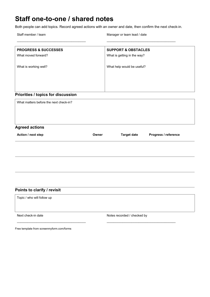 Staff one-to-one meeting record preview. A portrait conversation sheet with progress and support panels, a priorities box and an action table.