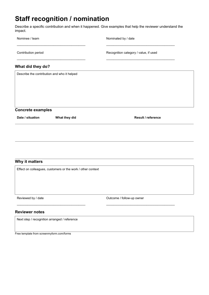 Staff recognition nomination preview. A portrait nomination record with a contribution narrative, two evidence rows, impact and reviewer follow-up.
