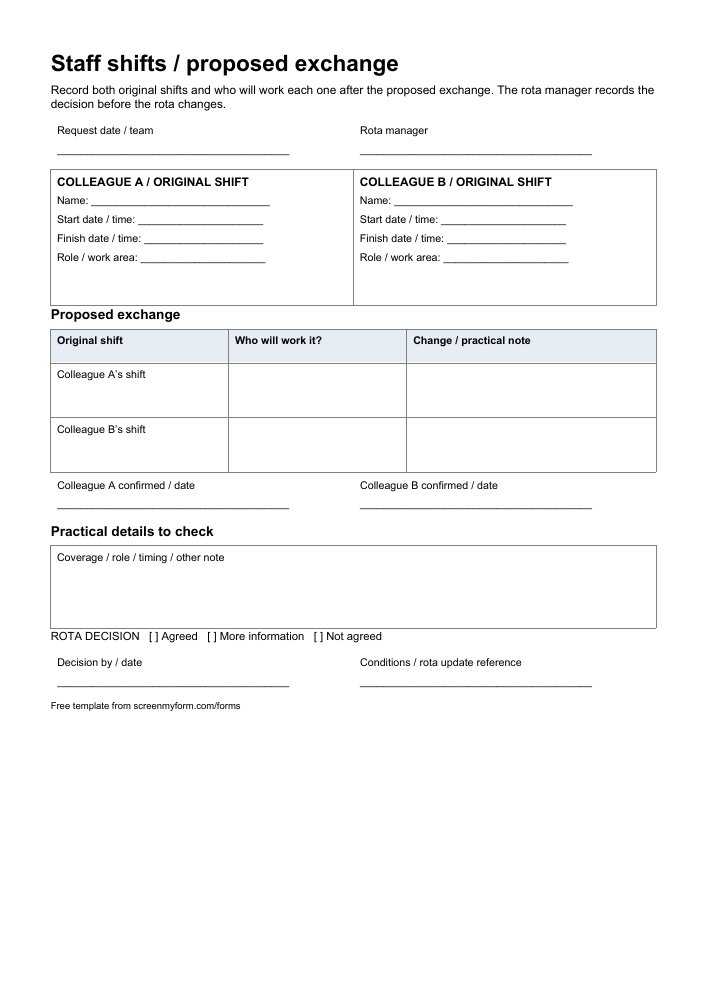 Staff shift swap request preview. A portrait two-colleague shift comparison with proposed arrangements, confirmation names and a rota decision section.