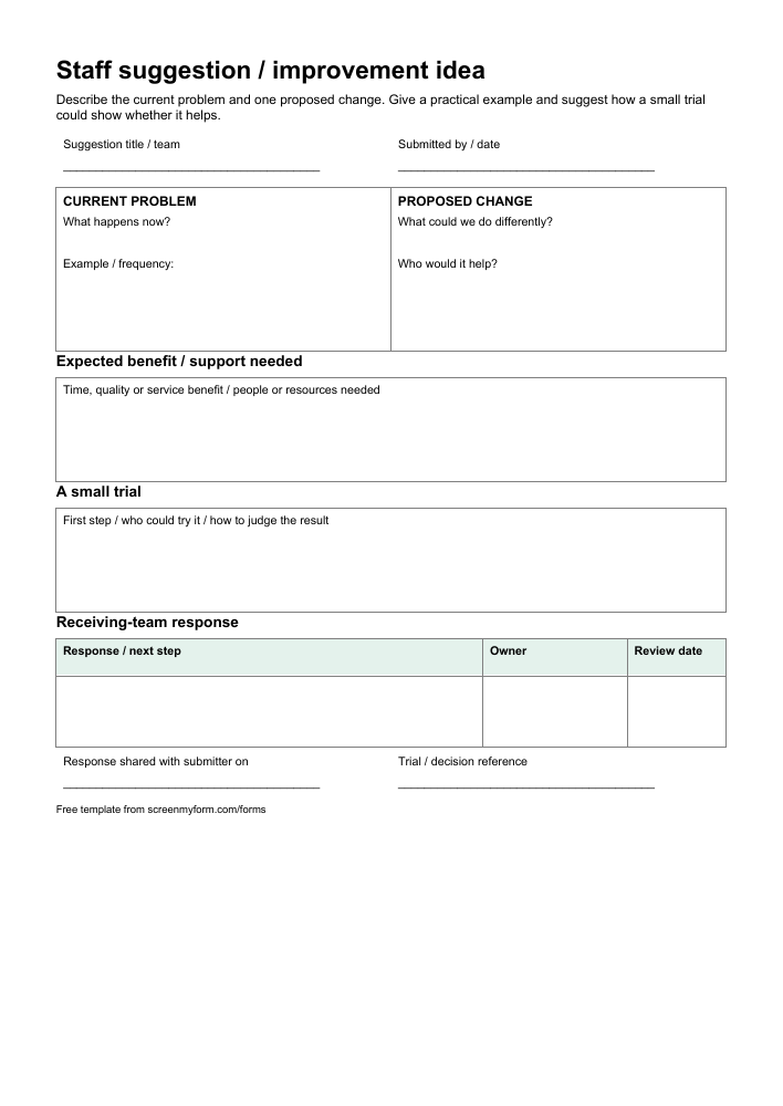 Staff suggestion form preview. A portrait improvement sheet with current and proposed state panels, a trial plan and a separate team response.