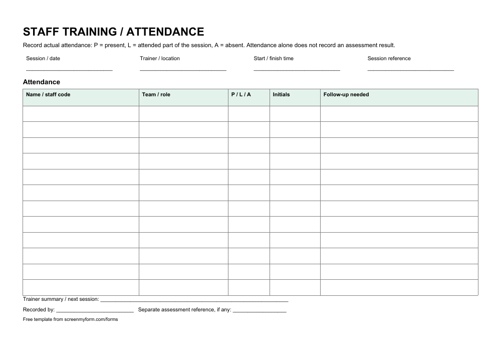 Staff training attendance register preview. A landscape twelve-person attendance table with a status key, initials, follow-up needs and trainer summary.