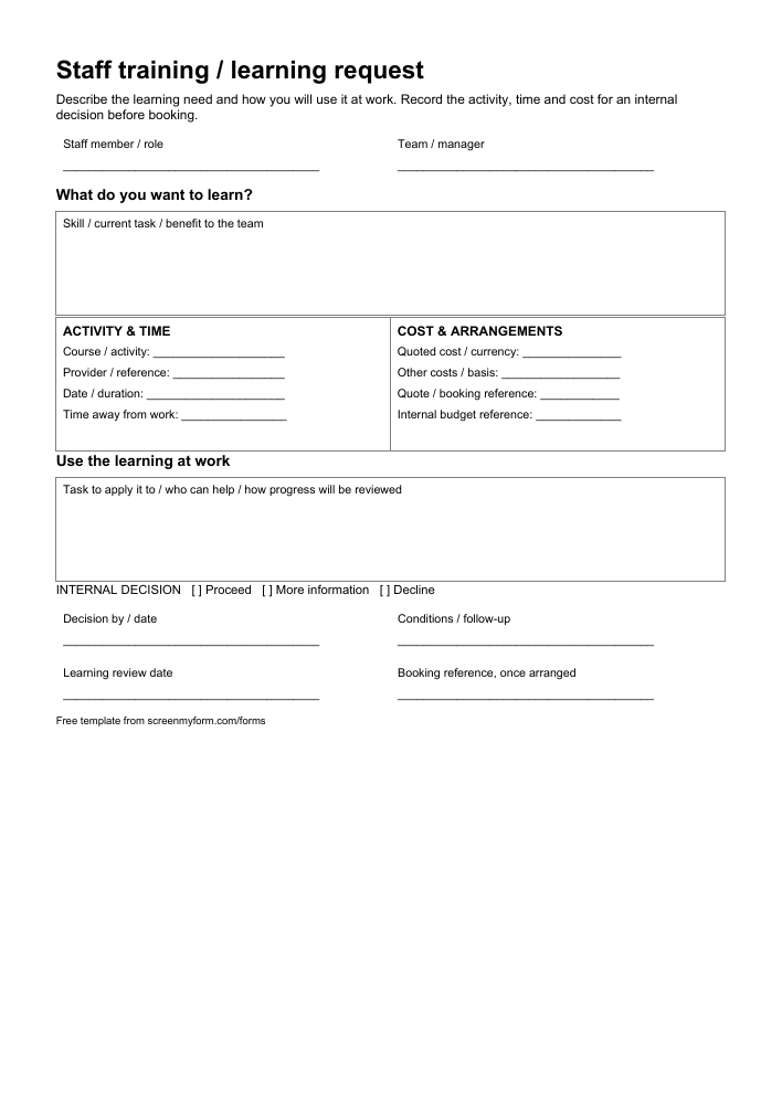 Staff training request form preview. A portrait request with a learning-goal box, activity and cost panels, application plan and internal decision.