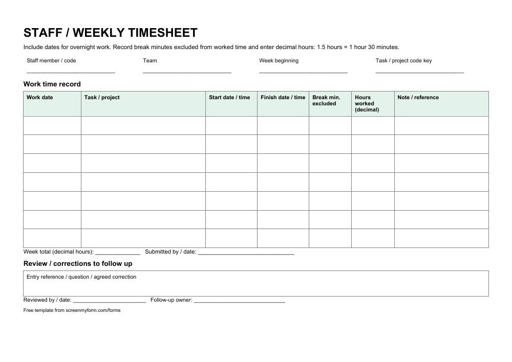Staff weekly timesheet preview. A landscape seven-entry timesheet with task references, dated start and finish fields, breaks, decimal hours and review details.