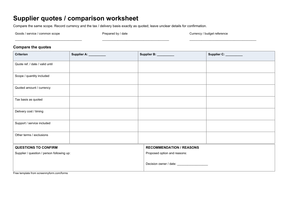 Supplier comparison worksheet preview. A landscape three-quote comparison matrix with price-basis prompts, open questions and a recommendation panel.