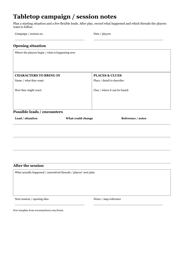 Tabletop campaign session prep sheet preview. A portrait game-master page with opening-scene space, character and location panels, flexible leads and recap notes.