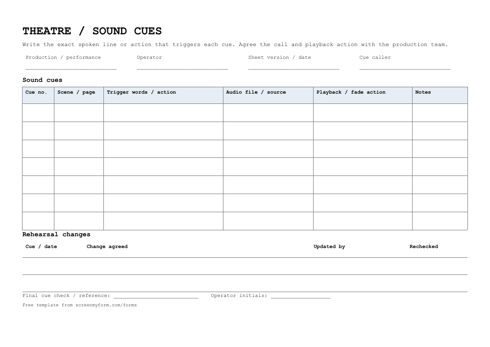 Theatre sound cue sheet preview. A landscape seven-cue table with trigger words, file references, actions and rehearsal change notes.