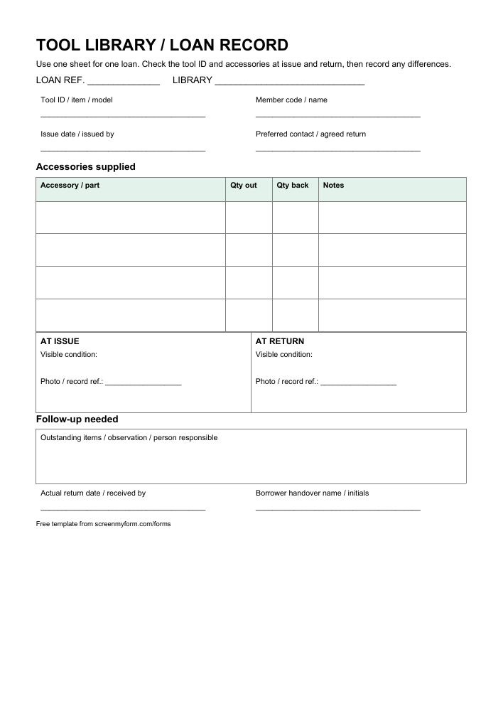 Tool library loan record preview. A portrait loan slip with tool identity, issue and return columns, accessories and a follow-up box.