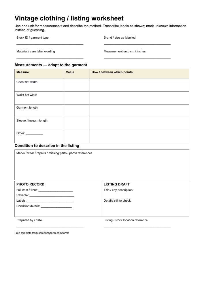 Vintage clothing listing worksheet preview. A portrait stock worksheet with label details, a flat-measurement table, condition notes and a photo checklist.