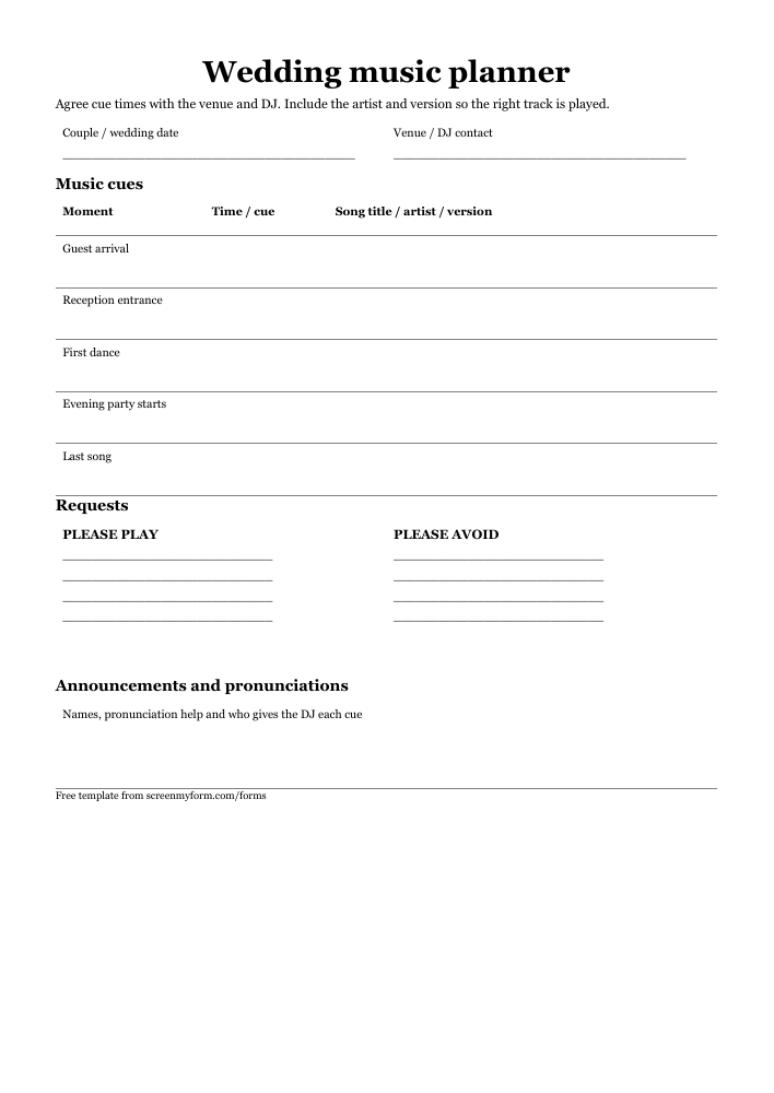 Wedding DJ music request sheet preview. A centred music-planning sheet with a cue table, side-by-side play and avoid lists, and announcement notes.